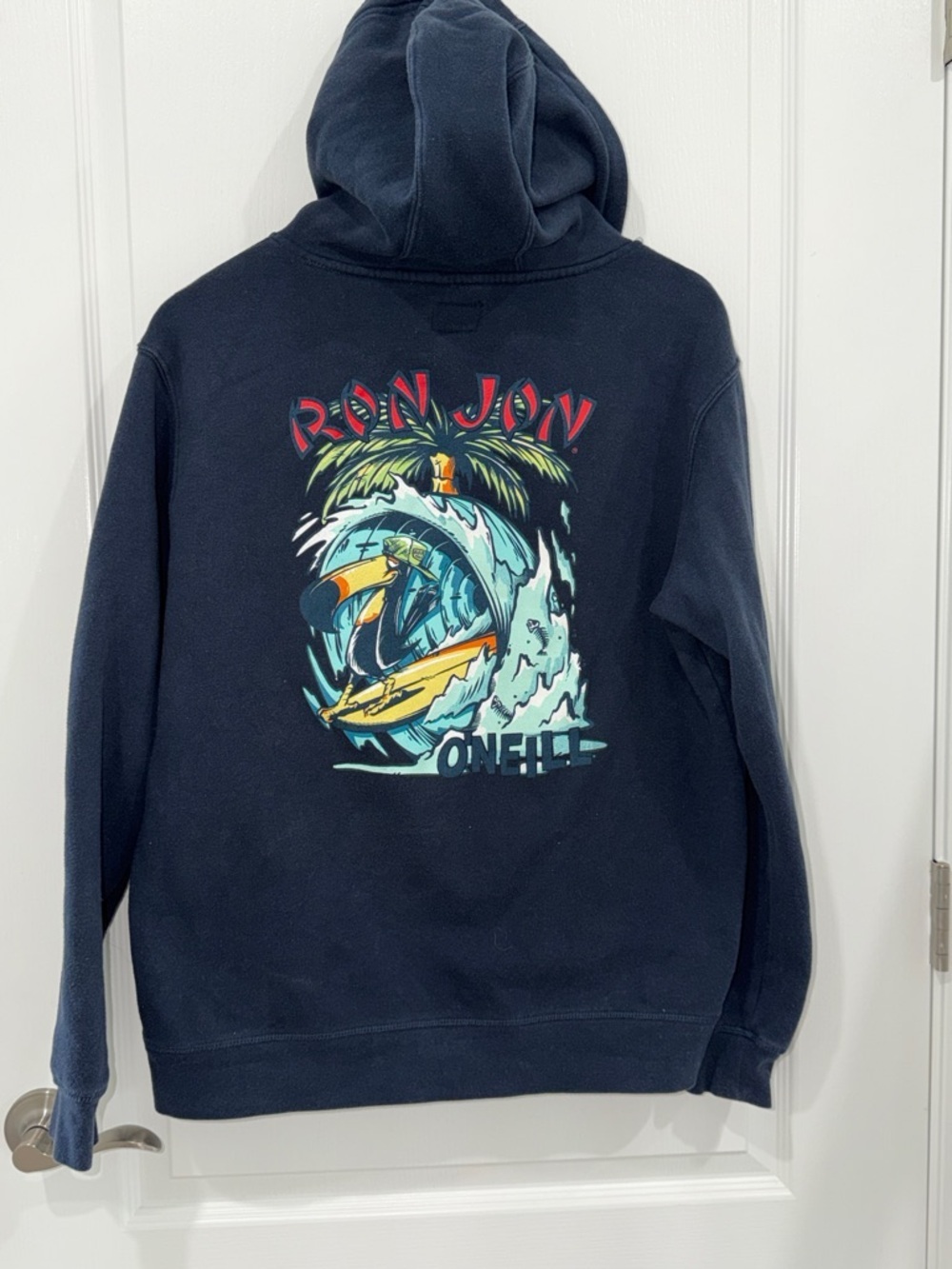 O’Neill Ron Jon Navy Hoodie with Multicolor Surf Graphic size mens medium